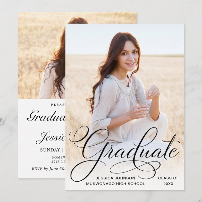 White Black Modern 2 FOTO Graduation Party Einladung (Vorne/Hinten)