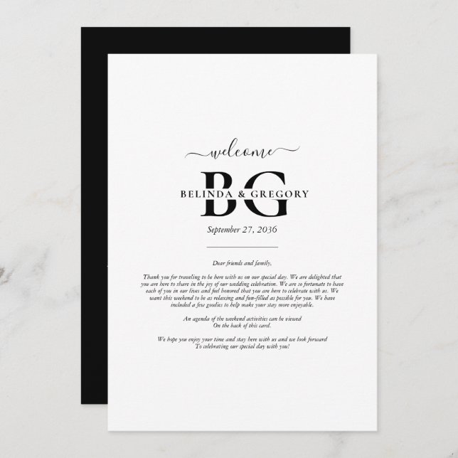 White Black Monogram Initials Wedding Tour Programm (Vorne/Hinten)