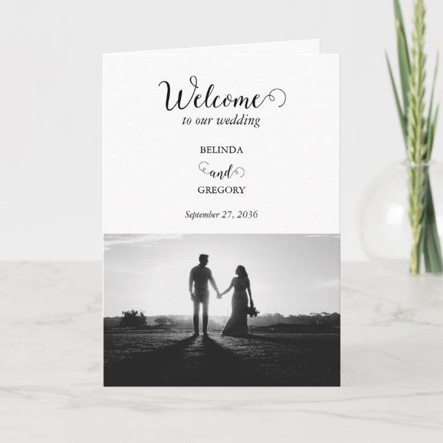 White Black Script Foto Wedding Order of Service Programm (Vorderseite)