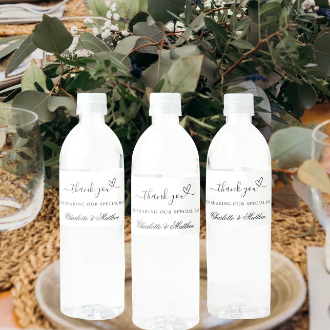 White Black Script Hochzeit danke Wasserflaschenetikett (Von Creator hochgeladen)