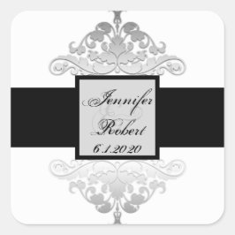White Black Silver Damask Wedding Umschlag Aufkleb Quadratischer Aufkleber