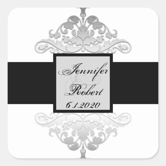 White Black Silver Damask Wedding Umschlag Aufkleb Quadratischer Aufkleber (Vorderseite)