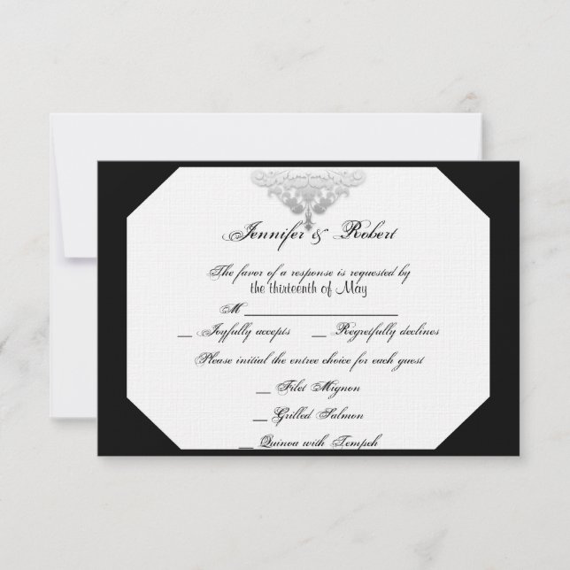 White Black Silver Damask Wedeltrettkarte RSVP Karte (Vorderseite)