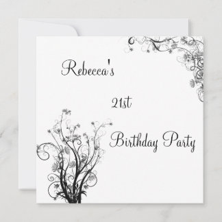 White Black Wispy Floral 21. Geburtstag Party Einladung