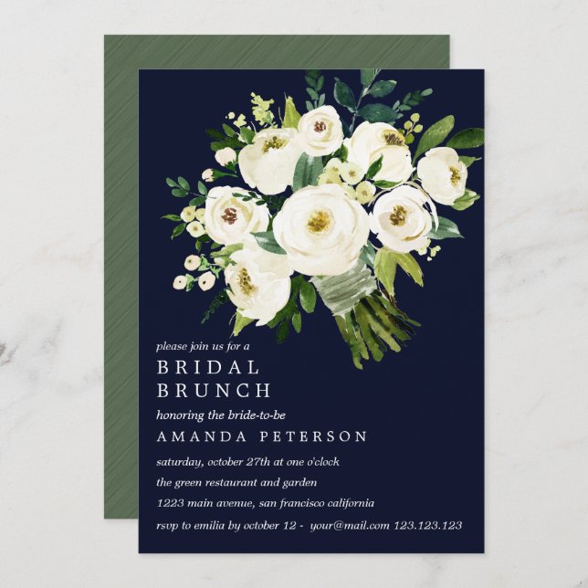 White Bloom Blue Bouquet Wedding Bridal Brunch Einladung (Vorne/Hinten)