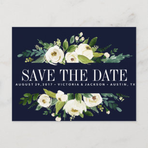 White Bloom Blue Floral WEDDING speichern Sie das Ankündigungspostkarte