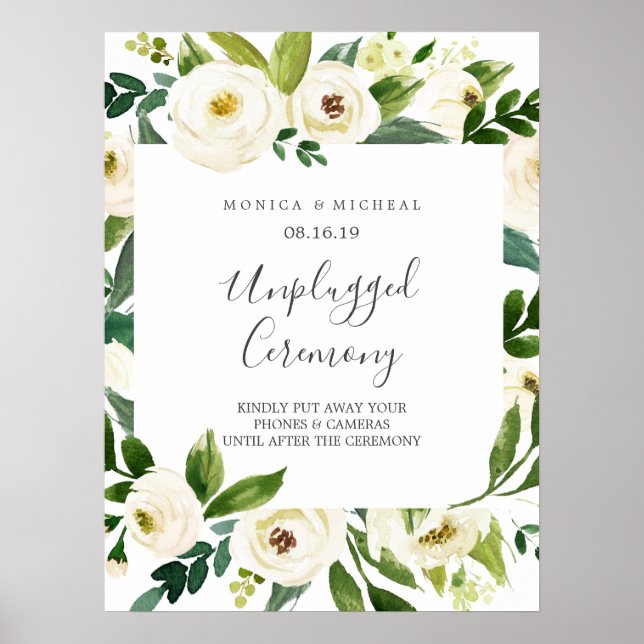 White Bloom Square Unplugged Wedding Zeremony Sign Poster (Vorne)