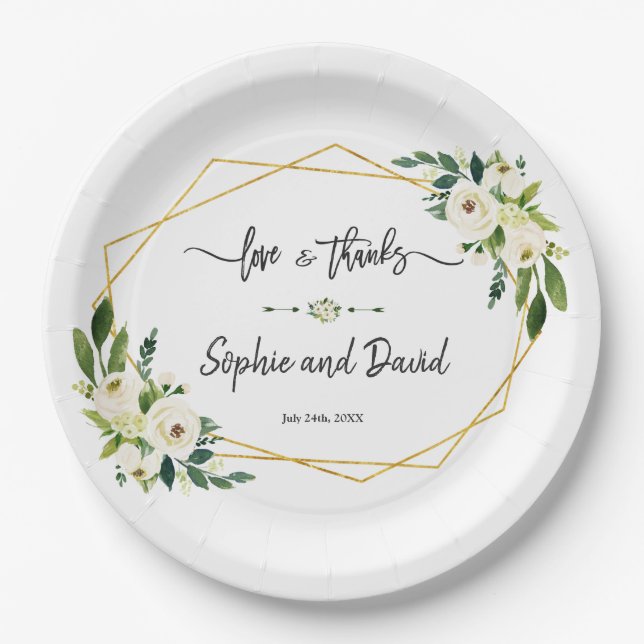 White Blooming Floral Handwriting Liebe und Danke Pappteller (Vorderseite)