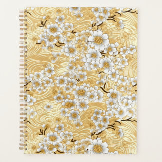 White Blossom auf Gold Wirbel Chiyogami Planner Planer