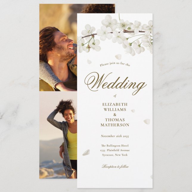 White Blossom Gold Script 2 Foto Hochzeit Einladung (Vorne/Hinten)