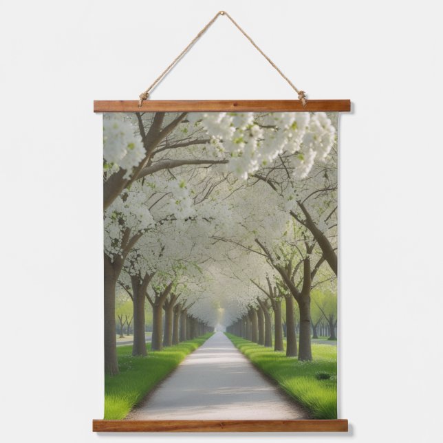 "White Blossom Lane - Tranquil Floral Wandteppich Mit Holzrahmen (Vorderseite)