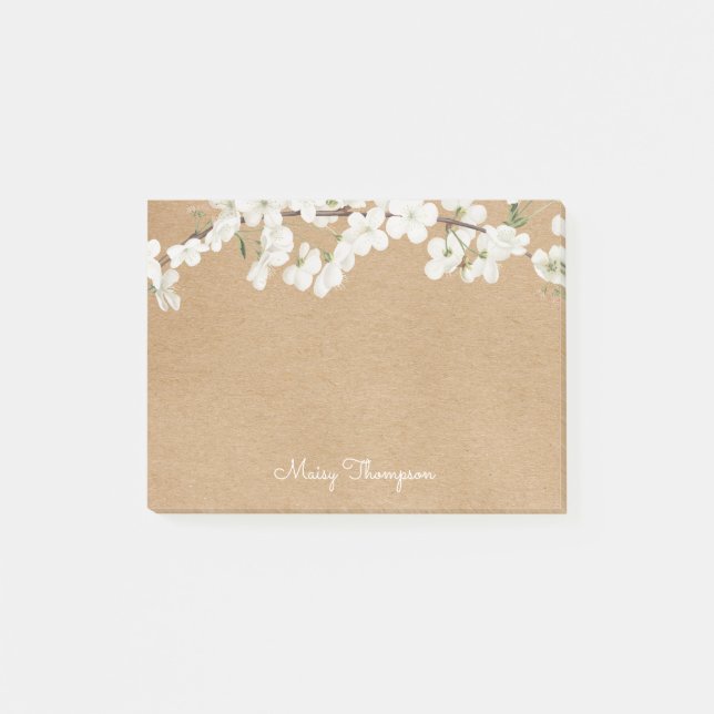 White Blossom Rustic Kraft Script Name Post-it Klebezettel (Vorderseite)