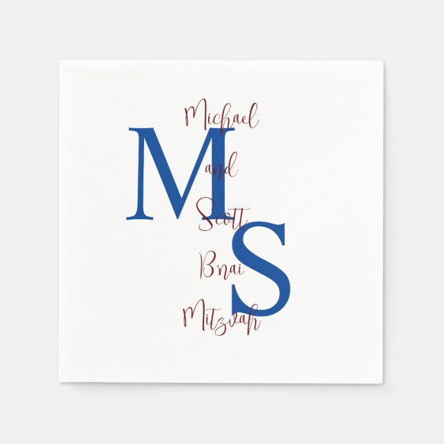 White Blue Burgundy Bar Mitzvah Name Monogram Serviette (Vorderseite)