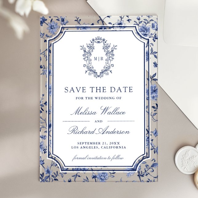 White Blue Chinoiserie Crest Wedding Save the Date Acryleinladungen (Von Creator hochgeladen)