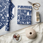 White Blue Christmas Thema Muster Geschenkpapier<br><div class="desc">Dieses Weihnachtsmuster zeigt weiße Urlaubssymbole und fröhliche Weihnachtstypografie in einem nahtlosen Muster mit individuell anpassbarem blauen Hintergrund.</div>
