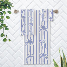White Blue Coastal Palm Trees Bows Stripes Pattern Badhandtuch Set