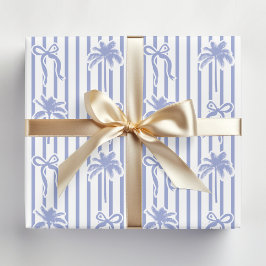 White Blue Coastal Palm Trees Bows Stripes Pattern Geschenkpapier