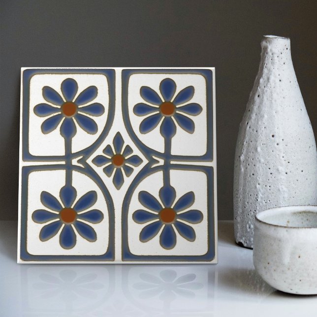 White & Blue Daisies Art Deco Jugendstil-Deco Fliese (Von Creator hochgeladen)