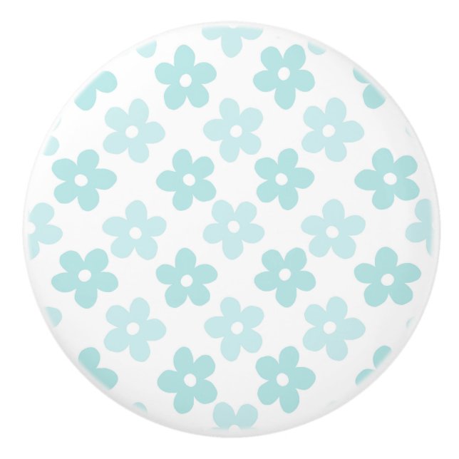 White Blue Daisy Blume Retro Muster Keramikknauf (Vorderseite)