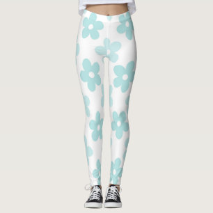 White Blue Daisy Blume Retro Muster Leggings