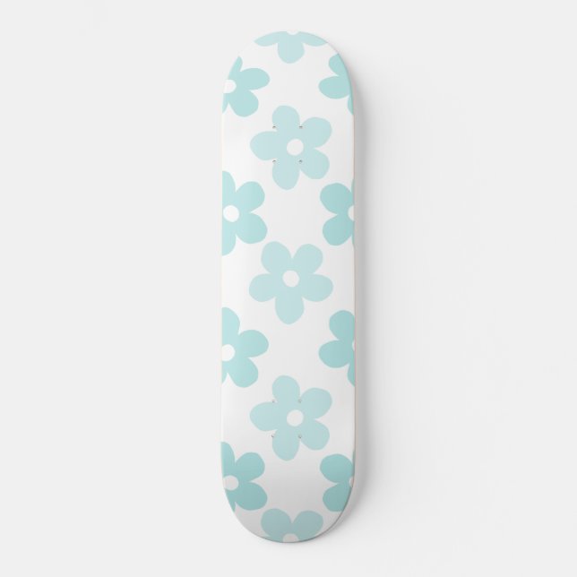 White Blue Daisy Blume Retro Muster Skateboard (Vorderseite)