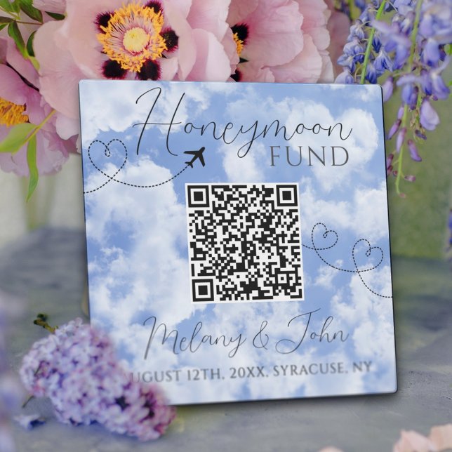 White & Blue Elegant QR Code Honeymoon Fund Signat Fotoplatte (Von Creator hochgeladen)
