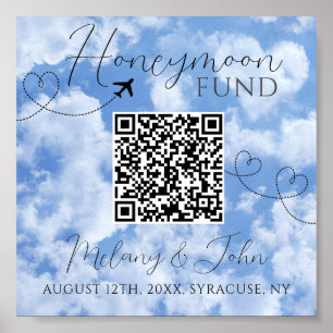 White & Blue Elegant QR Code Honeymoon Fund Signat Poster