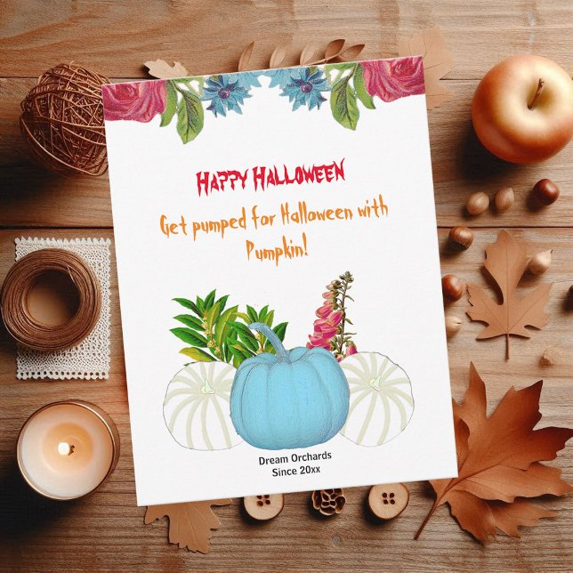 White Blue Fall Pumpkin Wasserfarbe Blumengrün (White Blue Fall Pumpkin Watercolor Floral Greenery)