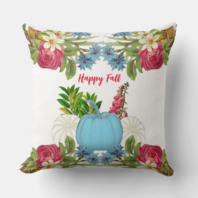 White Blue Fall Pumpkins Aquarell Floral Rose Kissen (Vorderseite)