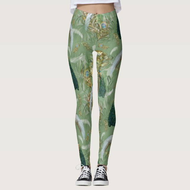 White & Blue Green Royal-Peacocks Fantasy Leggings (Vorderseite)