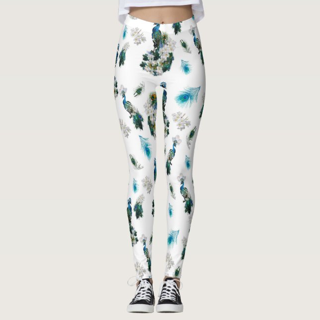White & Blue Green Royal-Peacocks Fantasy Leggings (Vorderseite)