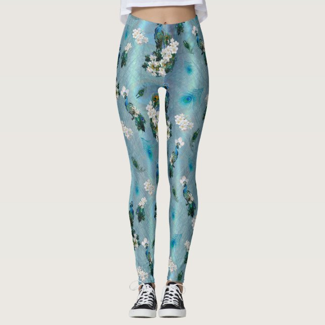 White & Blue Green Royal-Peacocks Fantasy Leggings (Vorderseite)