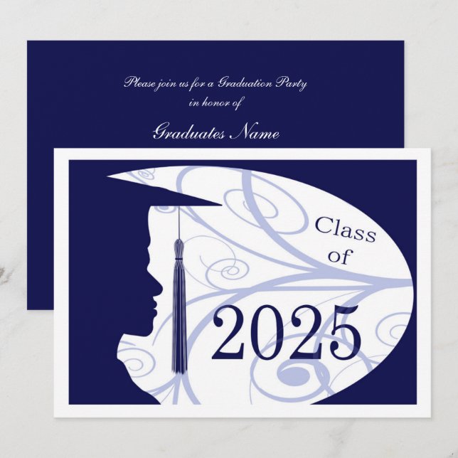 White & Blue Man Silhouette 2025 Graduation Party Einladung (Vorne/Hinten)
