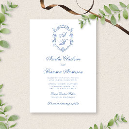 White & Blue Monogram Wappen Formal Script Wedding Einladung