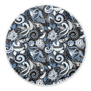 White & Blue Paisley Boho Print Pattern Keramikknauf