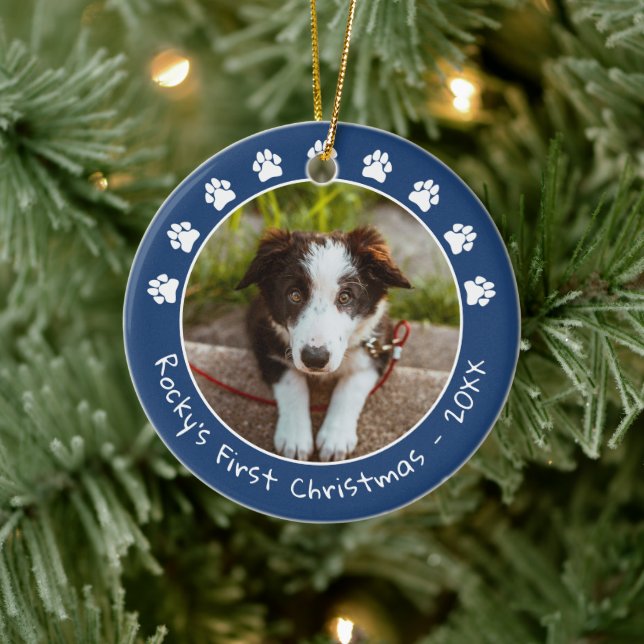 White Blue Paw druckt Pets erstes Weihnachtsfest-F Keramik Ornament (Baum)
