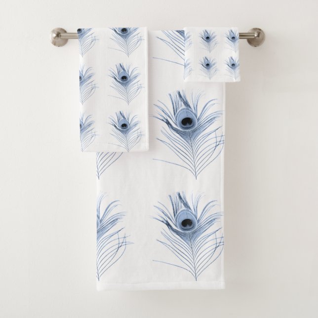 WHITE BLUE PEACOCK FEATHERS BADEZIMMER TOWEL SET (Insitu)