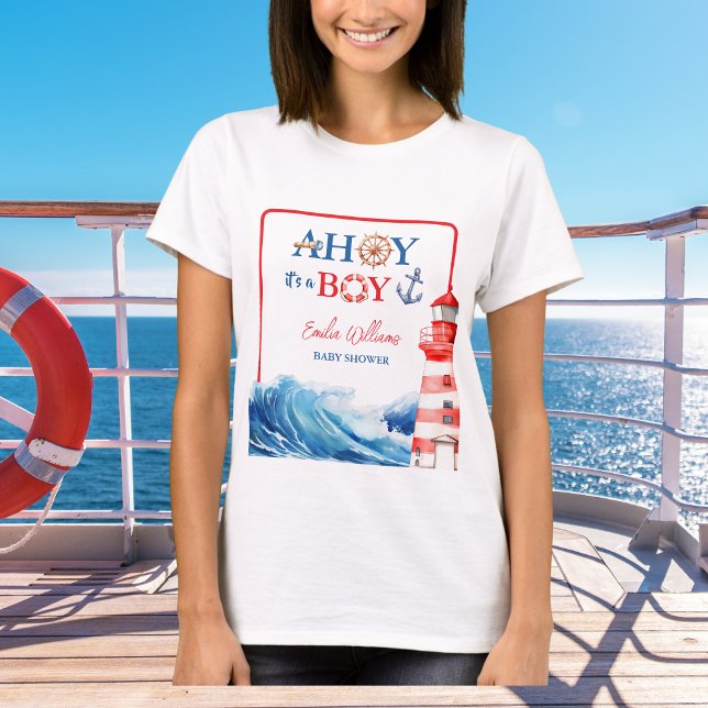 White Blue Red Nautical Ahoy Boy Lighthouse T-Shirt (Von Creator hochgeladen)