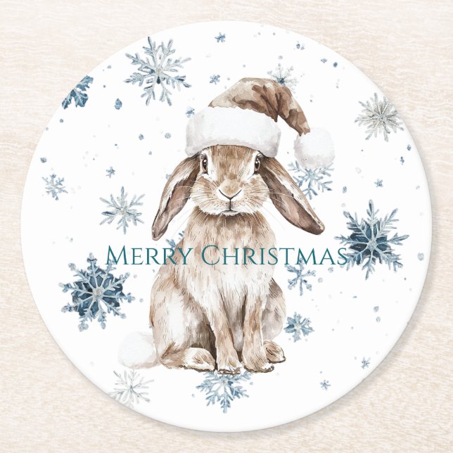 White Blue Snowflakes Christmas Bunny Runder Pappuntersetzer (Vorderseite)