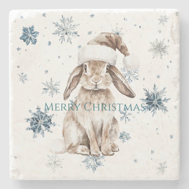 White Blue Snowflakes Christmas Bunny Steinuntersetzer (Vorderseite)