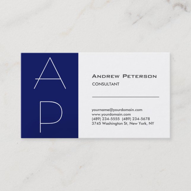 White Blue Strip Trendy Monogram Business Card Visitenkarte (Vorderseite)
