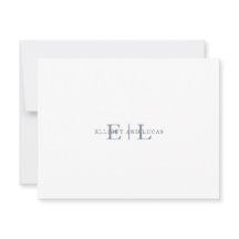 White Blue Wedding Monogram Note Card