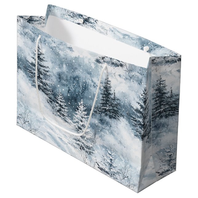 White Blue Weihnachtsbaumen Winterschnee Große Geschenktüte (Vorderseite Schrägansicht)