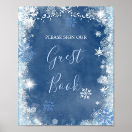 White Blue Winter Snowflake Bridal Gastbuch Poster
