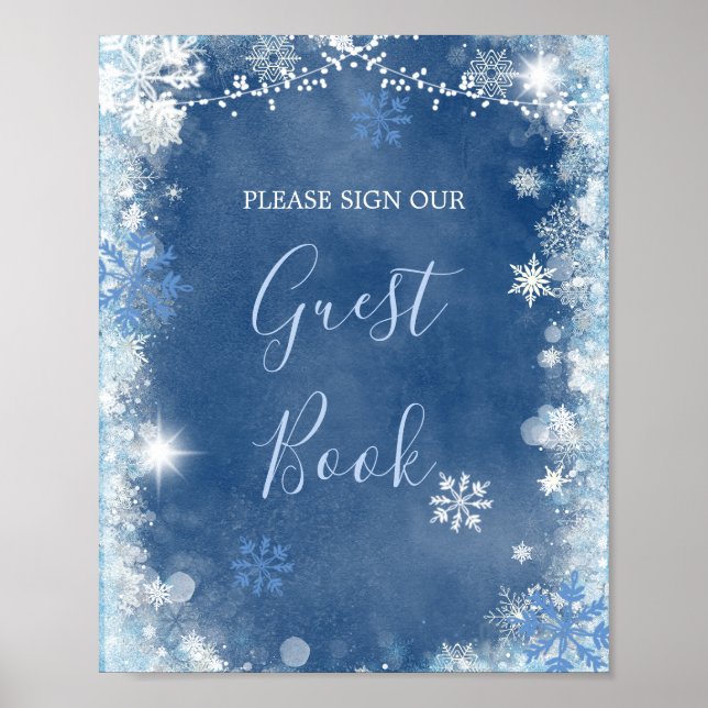 White Blue Winter Snowflake Bridal Gastbuch Poster (Vorne)
