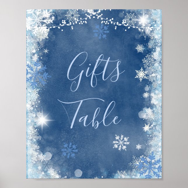 White Blue Winter Snowflake Bridal Geschenktisch Poster (Vorne)