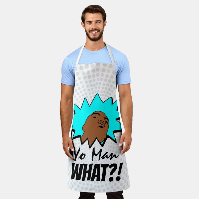 White blue Yo Man Was du Will Tasse Shot Comic Schürze (Getragen)