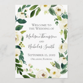 White Blume and Green Wreath Wedding Program Card Programm