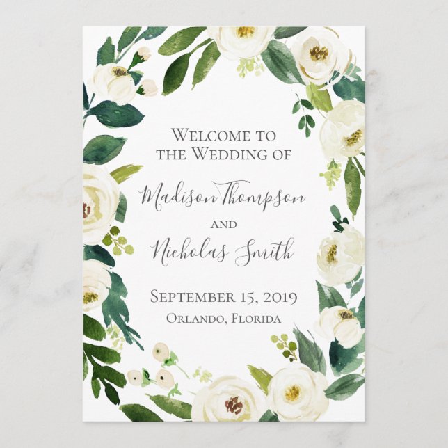 White Blume and Green Wreath Wedding Program Card Programm (Vorderseite)