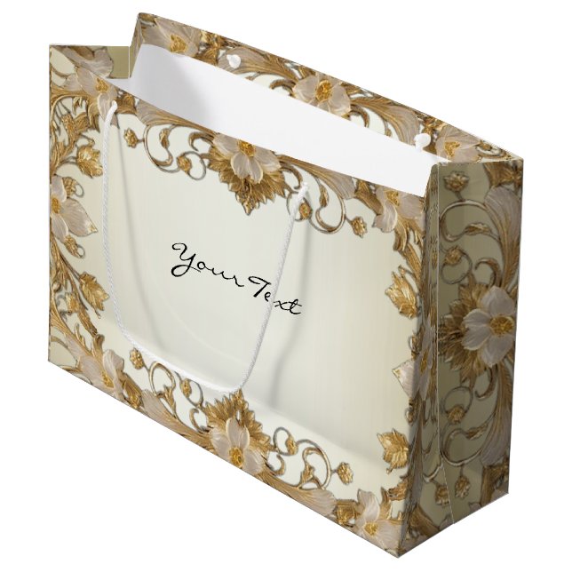 White Blume Decorative Gold Geschenktasche Große Geschenktüte (Vorderseite Schrägansicht)